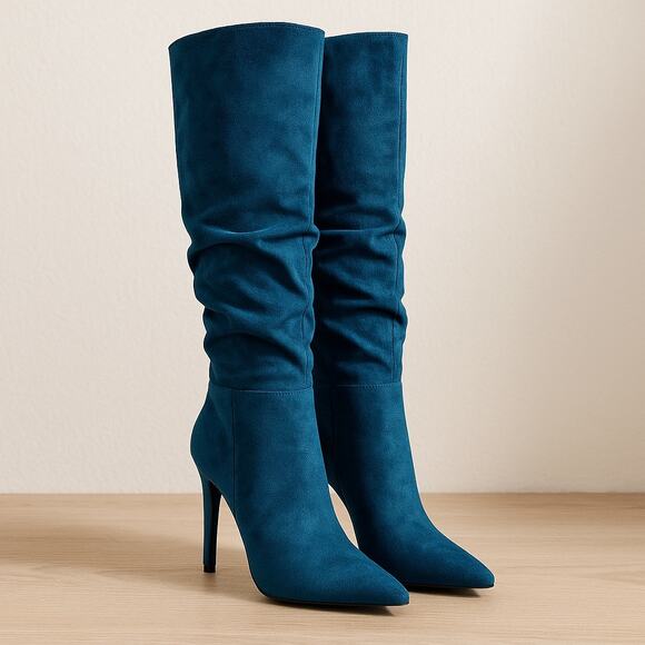 JustFab Reza Teal Blue Faux Suede Slouch Knee-High Stiletto Boots Sz 7 - Picture 1 of 10
